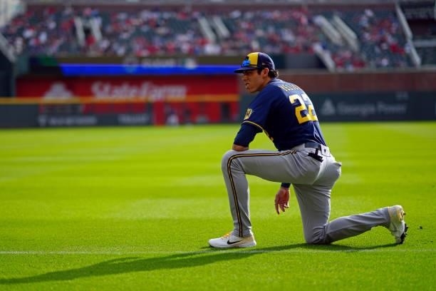 Christian Yelich of the Milwaukee Brewers looks on prior to Game 4 of the NLDS between the Milwaukee Brewers and the Atlanta Braves at Truist Park on...