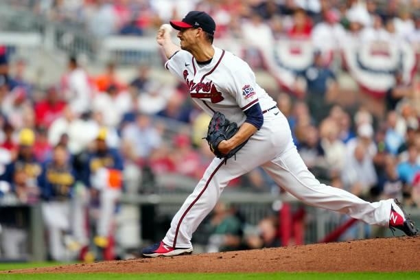 Charlie Morton of the Atlanta Braves pitches in the top of the first inning during Game 4 of the NLDS between the Milwaukee Brewers and the Atlanta...