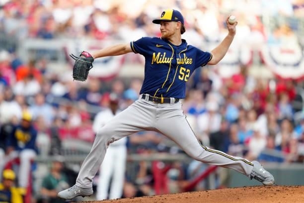 Eric Lauer of the Milwaukee Brewers pitches in the bottom of the first inning during Game 4 of the NLDS between the Milwaukee Brewers and the Atlanta...