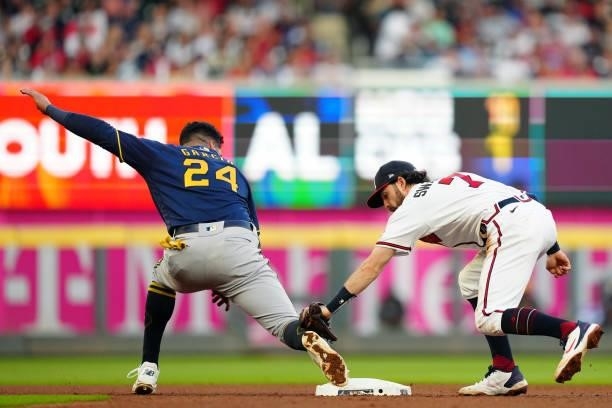 Avisaíl García of the Milwaukee Brewers is safe at second base in the top of the fourth inning during Game 4 of the NLDS between the Milwaukee...