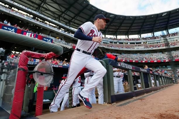Freddie Freeman of the Atlanta Braves takes the field prior to Game 4 of the NLDS between the Milwaukee Brewers and the Atlanta Braves at Truist Park...