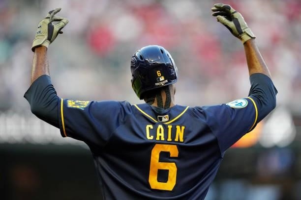 Lorenzo Cain of the Milwaukee Brewers celebrates after hitting an RBI single in the top of the fourth inning during Game 4 of the NLDS between the...