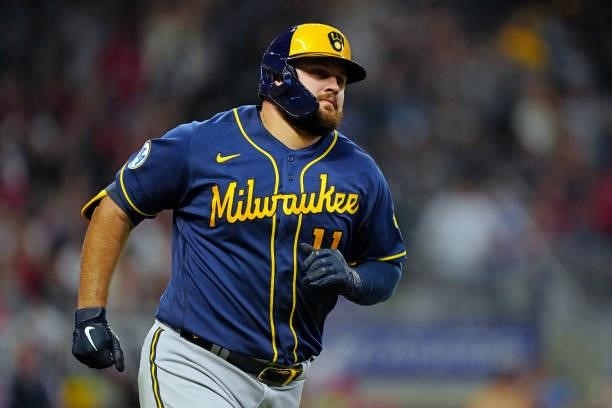 Rowdy Tellez of the Milwaukee Brewers rounds the base after hitting a two-run home run in the top of the fifth inning during Game 4 of the NLDS...