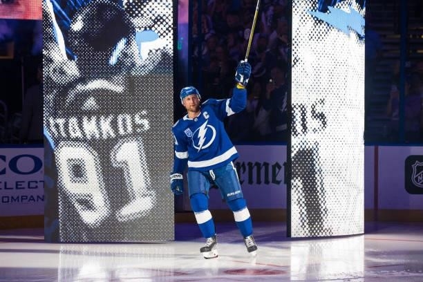 Steven Stamkos of the Tampa Bay Lightning is introduced before the game against the Pittsburgh Penguins at Amalie Arena on October 12, 2021 in Tampa,...