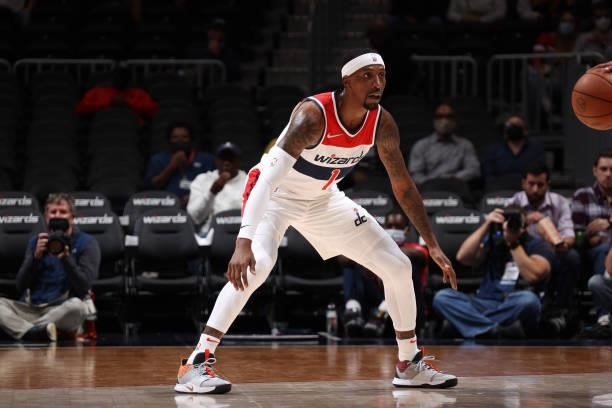 Kentavious Caldwell-Pope of the Washington Wizards plays defense during a preseason game against the Toronto Raptors on October 12, 2021 at Capital...