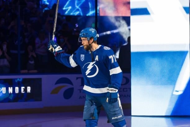 Victor Hedman of the Tampa Bay Lightning is introduced before the game against the Pittsburgh Penguins at Amalie Arena on October 12, 2021 in Tampa,...