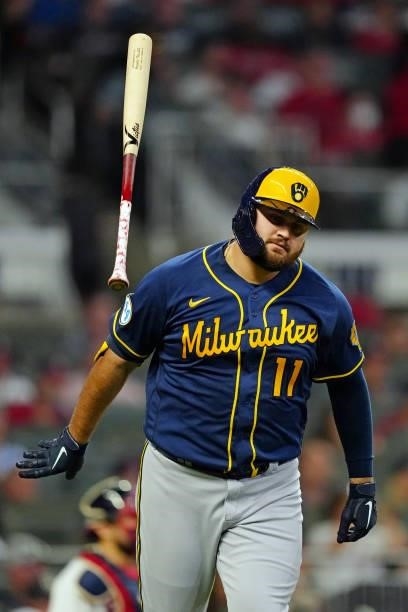 Rowdy Tellez of the Milwaukee Brewers flips his bat after hitting a two-run home run in the top of the fifth inning during Game 4 of the NLDS between...