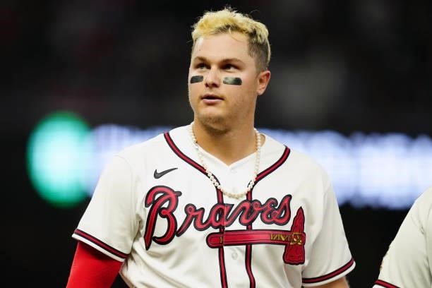 Joc Pederson of the Atlanta Braves looks on during Game 4 of the NLDS between the Milwaukee Brewers and the Atlanta Braves at Truist Park on Tuesday,...