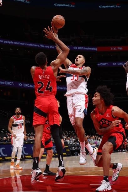 Kyle Kuzma of the Washington Wizards drives to the basket during a preseason game against the Toronto Raptors on October 12, 2021 at Capital One...