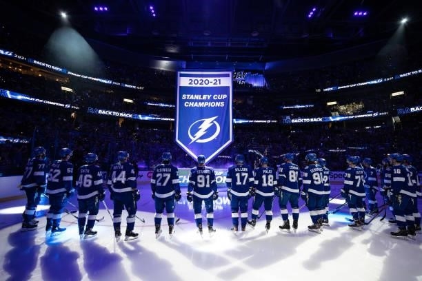 The Tampa Bay Lightning raise the 2020-21 Stanley Cup Champions banner to the rafters before the game against the Pittsburgh Penguins at Amalie Arena...
