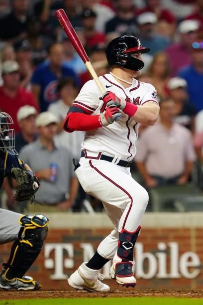 Joc Pederson of the Atlanta Braves bats in the bottom of the fifth inning during Game 4 of the NLDS between the Milwaukee Brewers and the Atlanta...