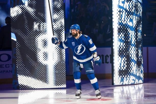 Nikita Kucherov of the Tampa Bay Lightning is introduced before the game against the Pittsburgh Penguins at Amalie Arena on October 12, 2021 in...