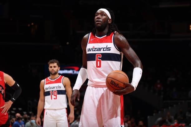 Montrezl Harrell of the Washington Wizards shoots a free throw during a preseason game against the Toronto Raptors on October 12, 2021 at Capital One...