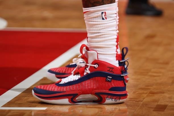 The sneakers worn by Bradley Beal of the Washington Wizards during a preseason game against the Toronto Raptors on October 12, 2021 at Capital One...