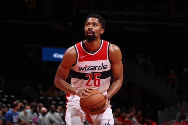 Spencer Dinwiddie of the Washington Wizards shoots a free throw during a preseason game against the Toronto Raptors on October 12, 2021 at Capital...
