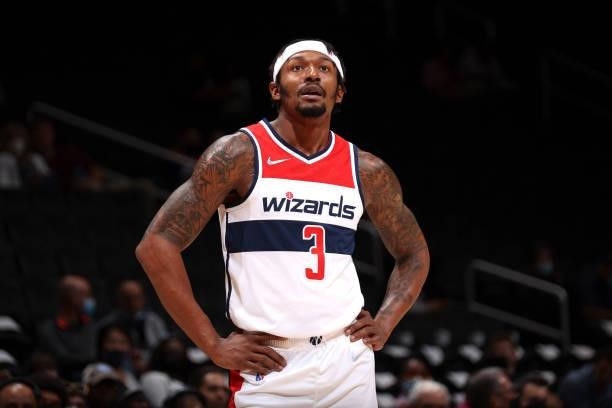 Bradley Beal of the Washington Wizards looks on during a preseason game against the Toronto Raptors on October 12, 2021 at Capital One Arena in...