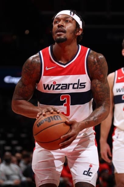 Bradley Beal of the Washington Wizards shoots a free throw during a preseason game against the Toronto Raptors on October 12, 2021 at Capital One...