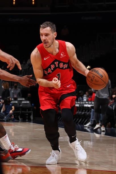 Goran Dragic of the Toronto Raptors dribbles the ball during a preseason game against the Washington Wizards on October 12, 2021 at Capital One Arena...