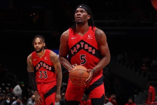 Precious Achiuwa of the Toronto Raptors shoots a free throw during a preseason game against the Washington Wizards on October 12, 2021 at Capital One...