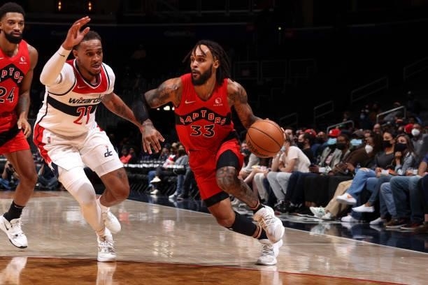 Gary Trent Jr. #33 of the Toronto Raptors drives to the basket during a preseason game against the Washington Wizards on October 12, 2021 at Capital...