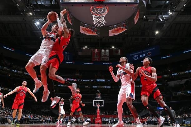 Corey Kispert of the Washington Wizards drives to the basket during a preseason game against the Toronto Raptors on October 12, 2021 at Capital One...