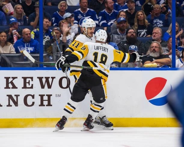 Brian Boyle of the Pittsburgh Penguins celebrates a goal against the Tampa Bay Lightning during the second period at Amalie Arena on October 12, 2021...