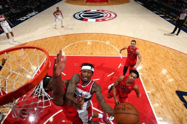 Bradley Beal of the Washington Wizards drives to the basket during a preseason game against the Toronto Raptors on October 12, 2021 at Capital One...