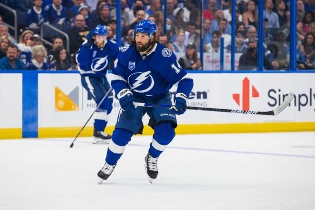 Pat Maroon of the Tampa Bay Lightning skates against the Pittsburgh Penguins during the first period at Amalie Arena on October 12, 2021 in Tampa,...
