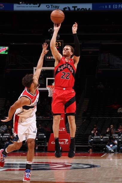 Malachi Flynn of the Toronto Raptors shoots a three point basket during a preseason game against the Washington Wizards on October 12, 2021 at...
