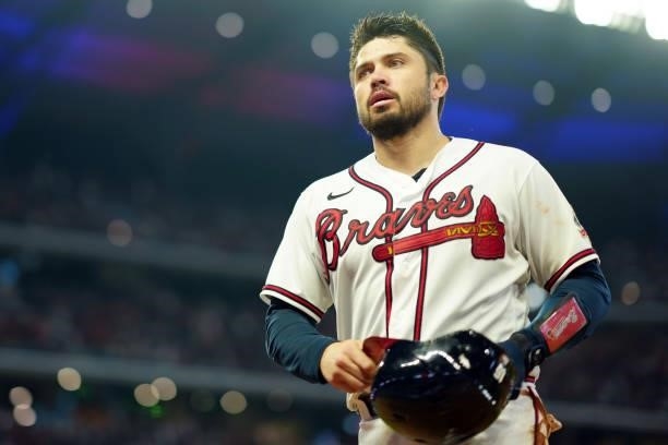 Travis d'Arnaud of the Atlanta Braves looks on after hitting an RBI single in the bottom of the fifth inning during Game 4 of the NLDS between the...