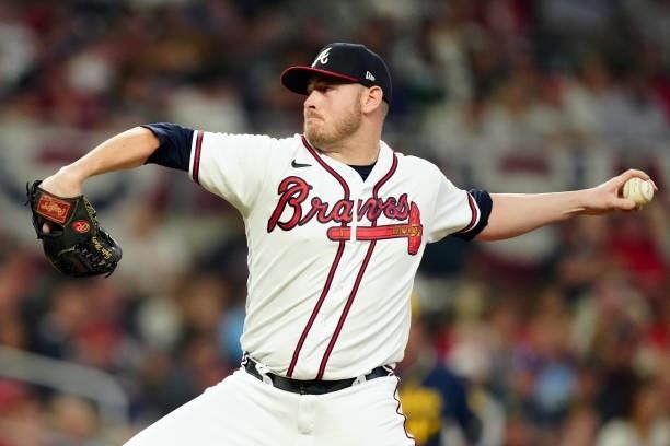 Tyler Matzek of the Atlanta Braves pitches in the top of the eighth inning during Game 4 of the NLDS between the Milwaukee Brewers and the Atlanta...