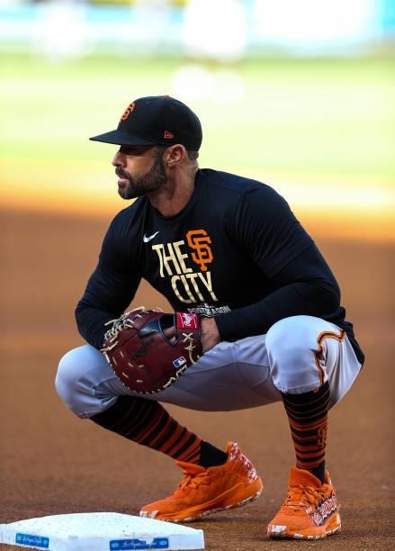 Gabe Kapler of the San Francisco Giants looks on during batting practice prior to Game 4 of the NLDS between the San Francisco Giants and the Los...