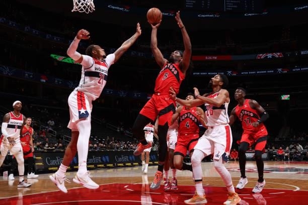 Precious Achiuwa of the Toronto Raptors shoots the ball during a preseason game against the Washington Wizards on October 12, 2021 at Capital One...