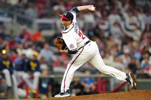 Luke Jackson of the Atlanta Braves pitches in the top of the seventh inning during Game 4 of the NLDS between the Milwaukee Brewers and the Atlanta...