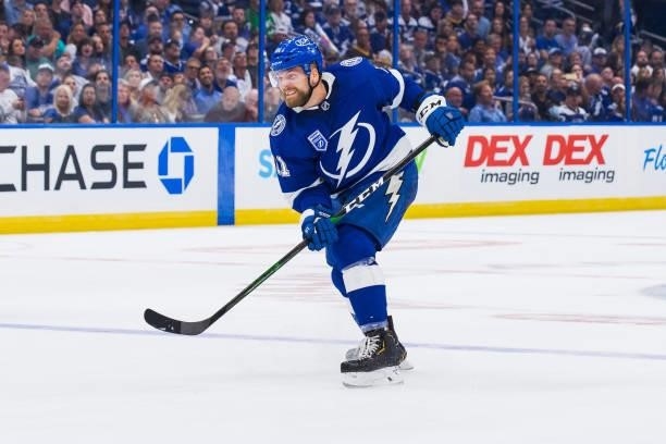 Erik Cernak of the Tampa Bay Lightning skates against the Pittsburgh Penguins during the first period at Amalie Arena on October 12, 2021 in Tampa,...