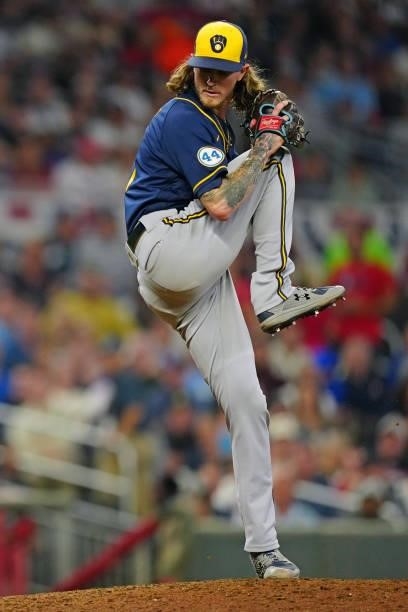 Josh Hader of the Milwaukee Brewers pitches in the bottom of the eighth inning during Game 4 of the NLDS between the Milwaukee Brewers and the...