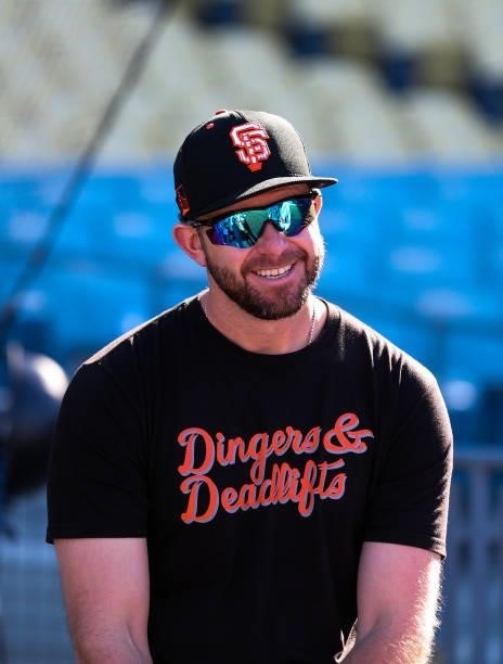 Evan Longoria of the San Francisco Giants looks on prior to Game 4 of the NLDS between the San Francisco Giants and the Los Angeles Dodgers at...