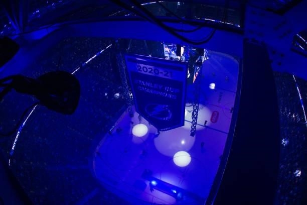The Tampa Bay Lightning raise the 2020-21 Stanley Cup Champions banner to the rafters before the game against the Pittsburgh Penguins during the...