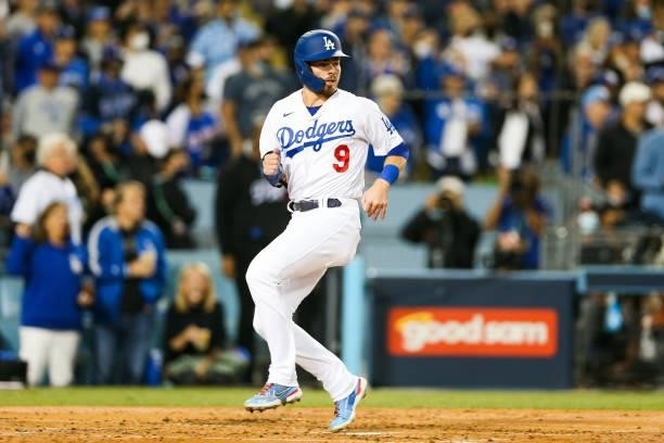 Gavin Lux of the Los Angeles Dodgers scores in the second inning during Game 4 of the NLDS between the San Francisco Giants and the Los Angeles...