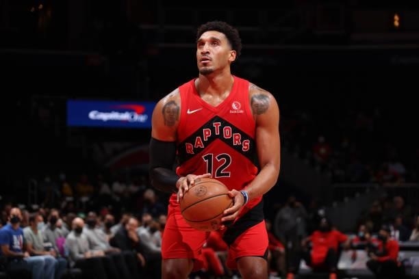 Ish Wainright of the Toronto Raptors shoots a free throw during a preseason game against the Washington Wizards on October 12, 2021 at Capital One...