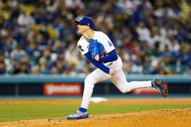 Walker Buehler of the Los Angeles Dodgers pitches during Game 4 of the NLDS between the San Francisco Giants and the Los Angeles Dodgers at Dodgers...