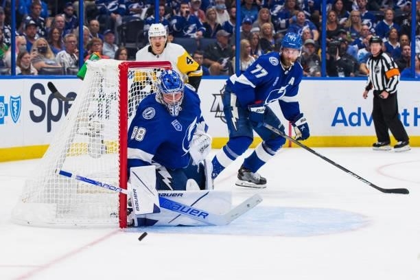 Goalie Andrei Vasilevskiy of the Tampa Bay Lightning tends net against the Pittsburgh Penguins during the second period at Amalie Arena on October...