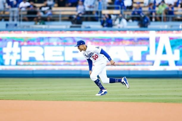 Mookie Betts of the Los Angeles Dodgers runs during Game 4 of the NLDS between the San Francisco Giants and the Los Angeles Dodgers at Dodgers...