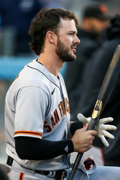 Kris Bryant of the San Francisco Giants looks on during Game 4 of the NLDS between the San Francisco Giants and the Los Angeles Dodgers at Dodgers...