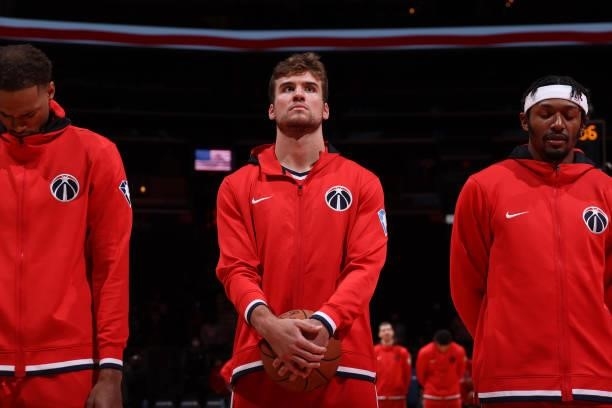 Corey Kispert of the Washington Wizards looks on before the preseason game against the Toronto Raptors on October 12, 2021 at Capital One Arena in...