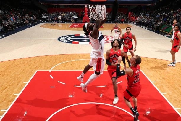 Montrezl Harrell of the Washington Wizards drives to the basket during a preseason game against the Toronto Raptors on October 12, 2021 at Capital...