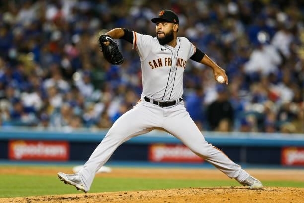 Jarlin Garcia of the San Francisco Giants pitches in the third inning during Game 4 of the NLDS between the San Francisco Giants and the Los Angeles...