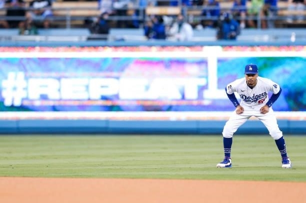 Mookie Betts of the Los Angeles Dodgers looks on during Game 4 of the NLDS between the San Francisco Giants and the Los Angeles Dodgers at Dodgers...