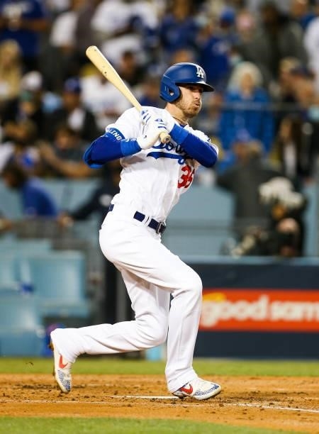 Cody Bellinger of the Los Angeles Dodgers singles in the second inning during Game 4 of the NLDS between the San Francisco Giants and the Los Angeles...
