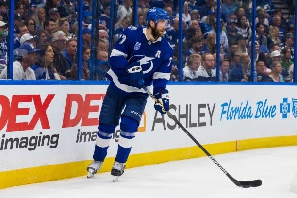 Victor Hedman of the Tampa Bay Lightning skates against the Pittsburgh Penguins during the second period at Amalie Arena on October 12, 2021 in...